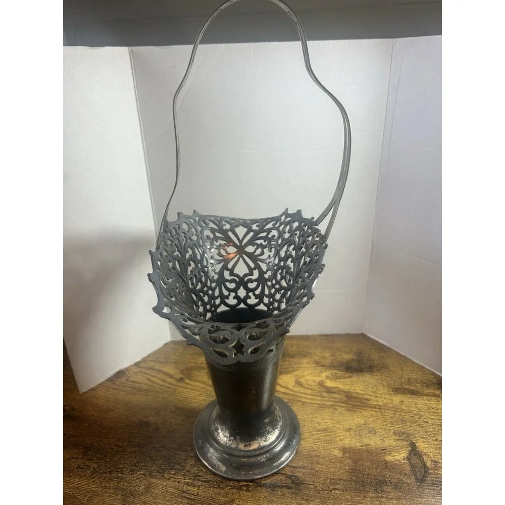 Antique Brides Flower Basket Silverplate 15” Tall Intricate Filigree Unique Mark